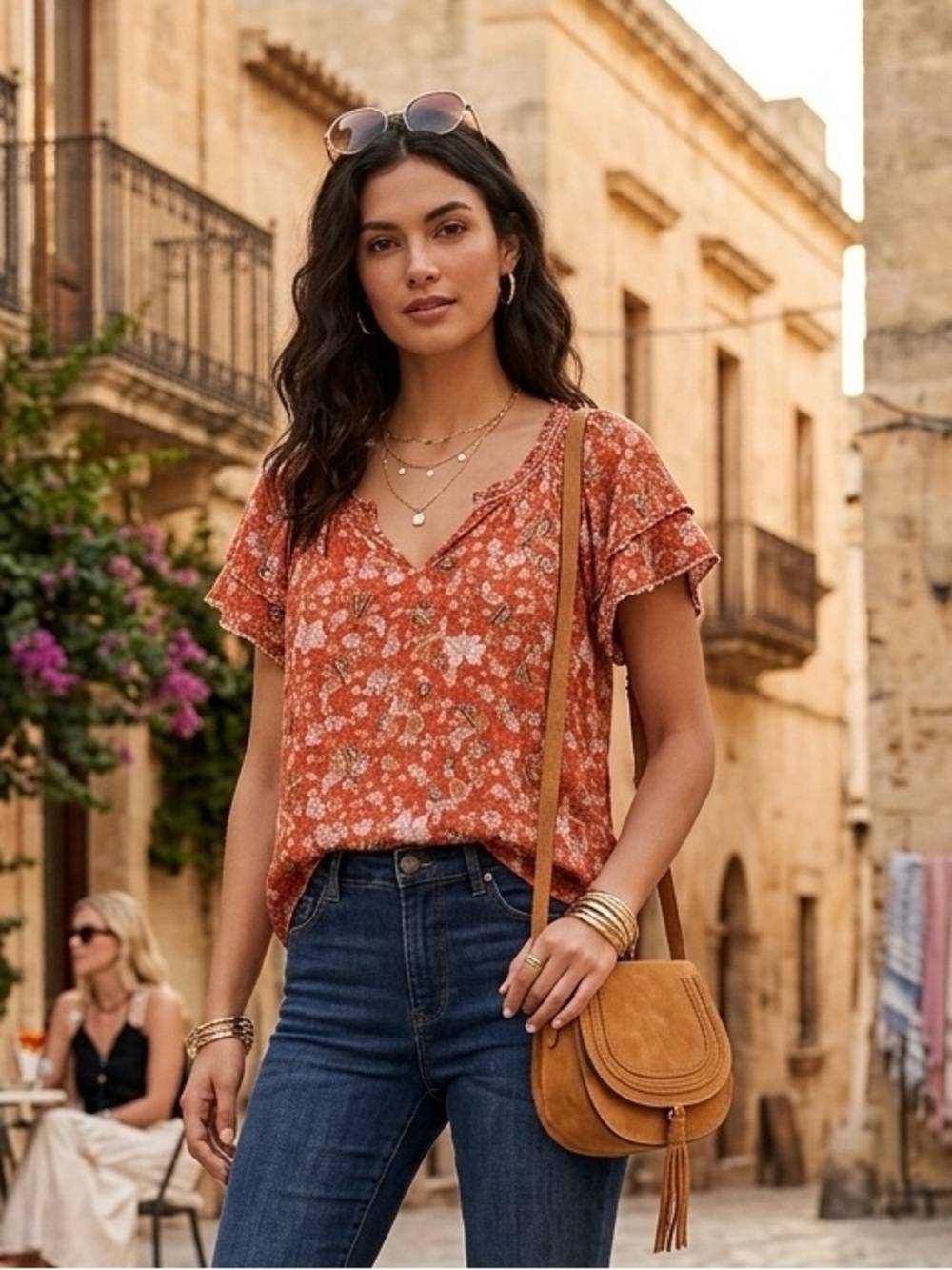 Democracy Boho Floral Paisley Flutter Sleeve Blouse Top Rust Orange Women's L